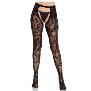 LEG AVENUE - MEDIAS DE ENCAJE DE ROSAS CON PARTE TRASERA ABIERTA NEGRO