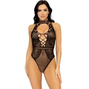 LEG AVENUE - BODY CON ESCOTE HALTER Y ABERTURA ESPALDA DE ENCAJE TALLA ÚNICA